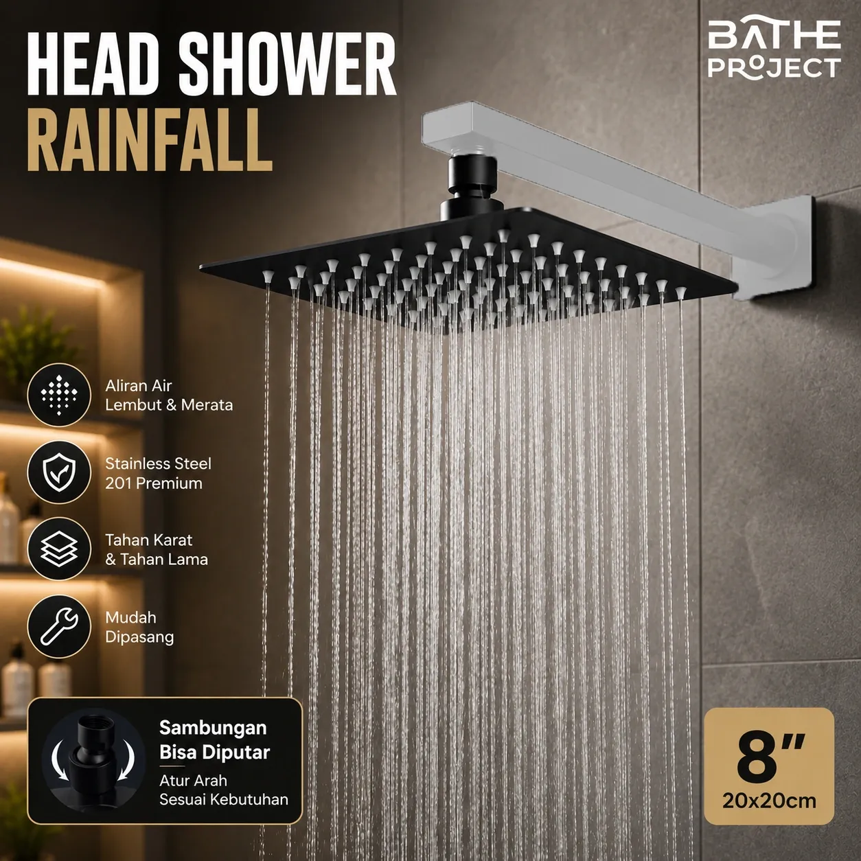 BATHE PROJECT Kepala Shower Rainfall Stainless Steel 8Inch - 201